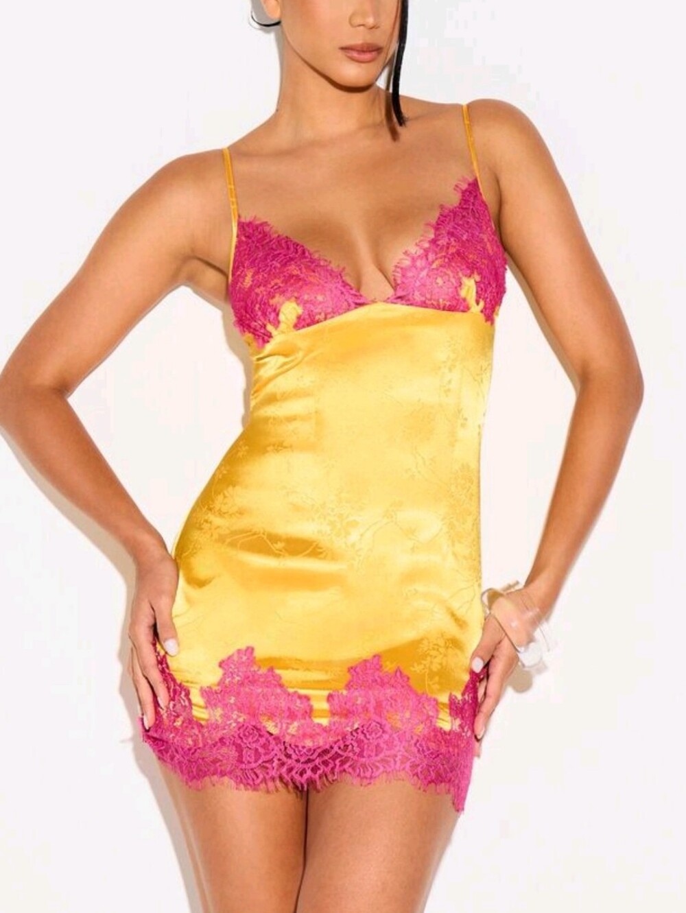 Satin Jacquard Contrast Lace Trim Deep V-Neck Slip Mini Dress Party Summer